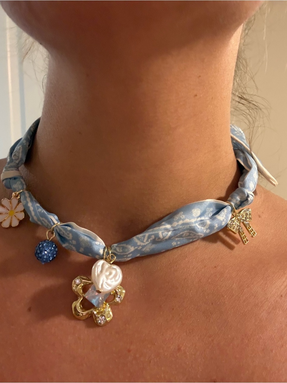 Blue Floral Charm Scarf Necklace with Gold Accents